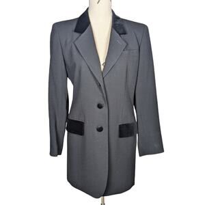 80s 90s Blazer A Line Anne Klein Velvet Trimmed Wool Blazer Black Size 2